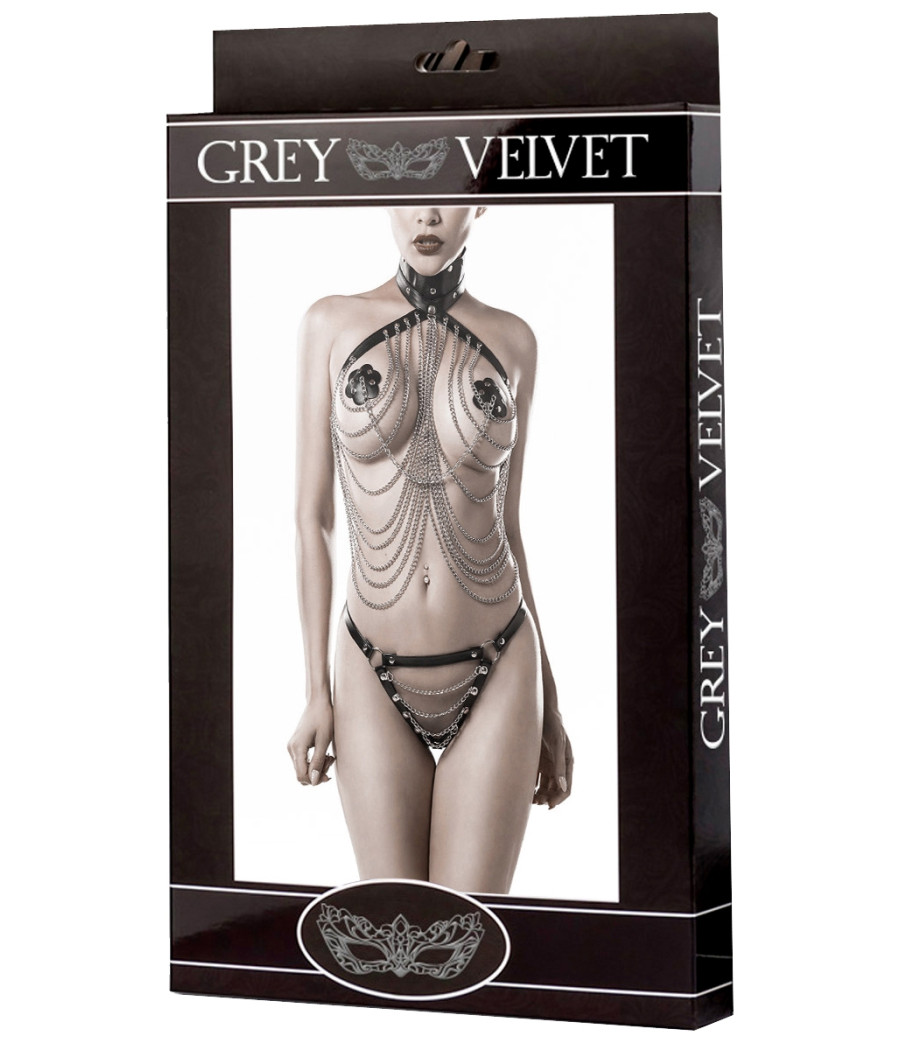 Lingerie SM cuir et chaînes 3 pièces - Grey Velvet